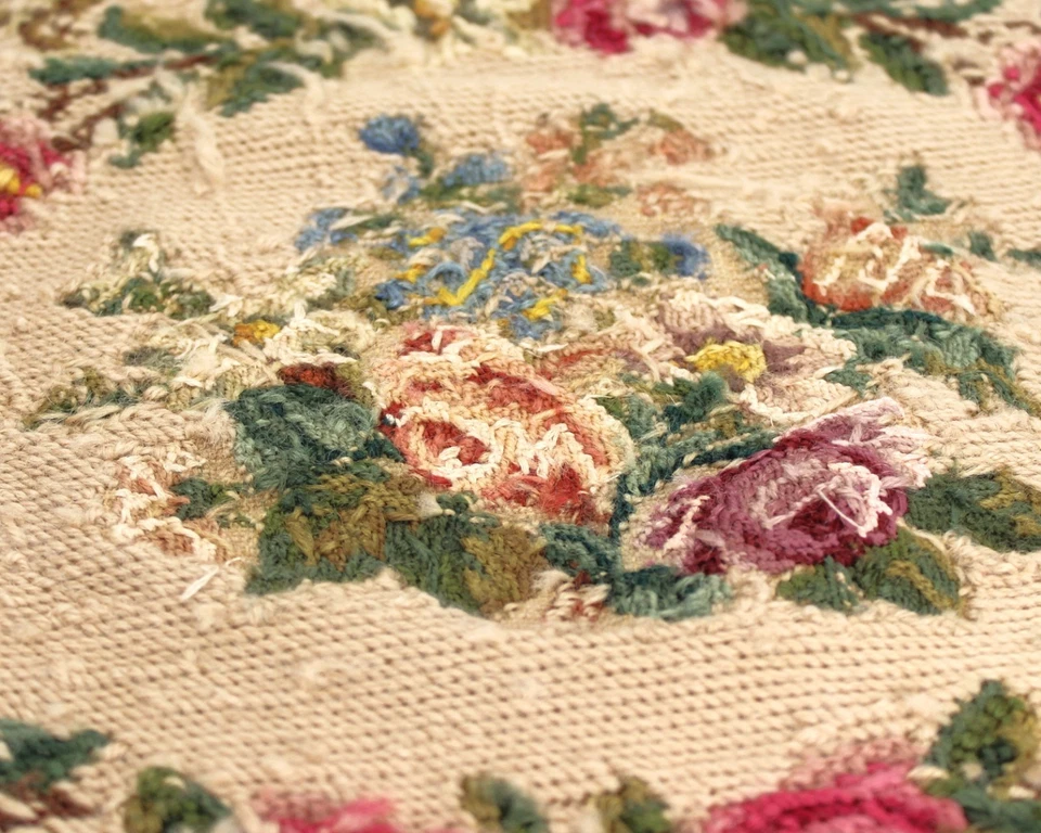 Antique Wool Needlepoint Roses Tapestry Chair Cover 17x18 Handmade Folk **READ - Image 4 of 4