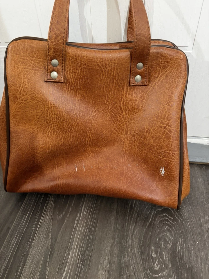 Vintage Brown Faux LeatherTop Handle Zip Handbag Front Zip Pocket Lined 35x27cm - Image 3 of 4