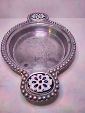 Mexican vintage pewter serving bowl with ceramic handles