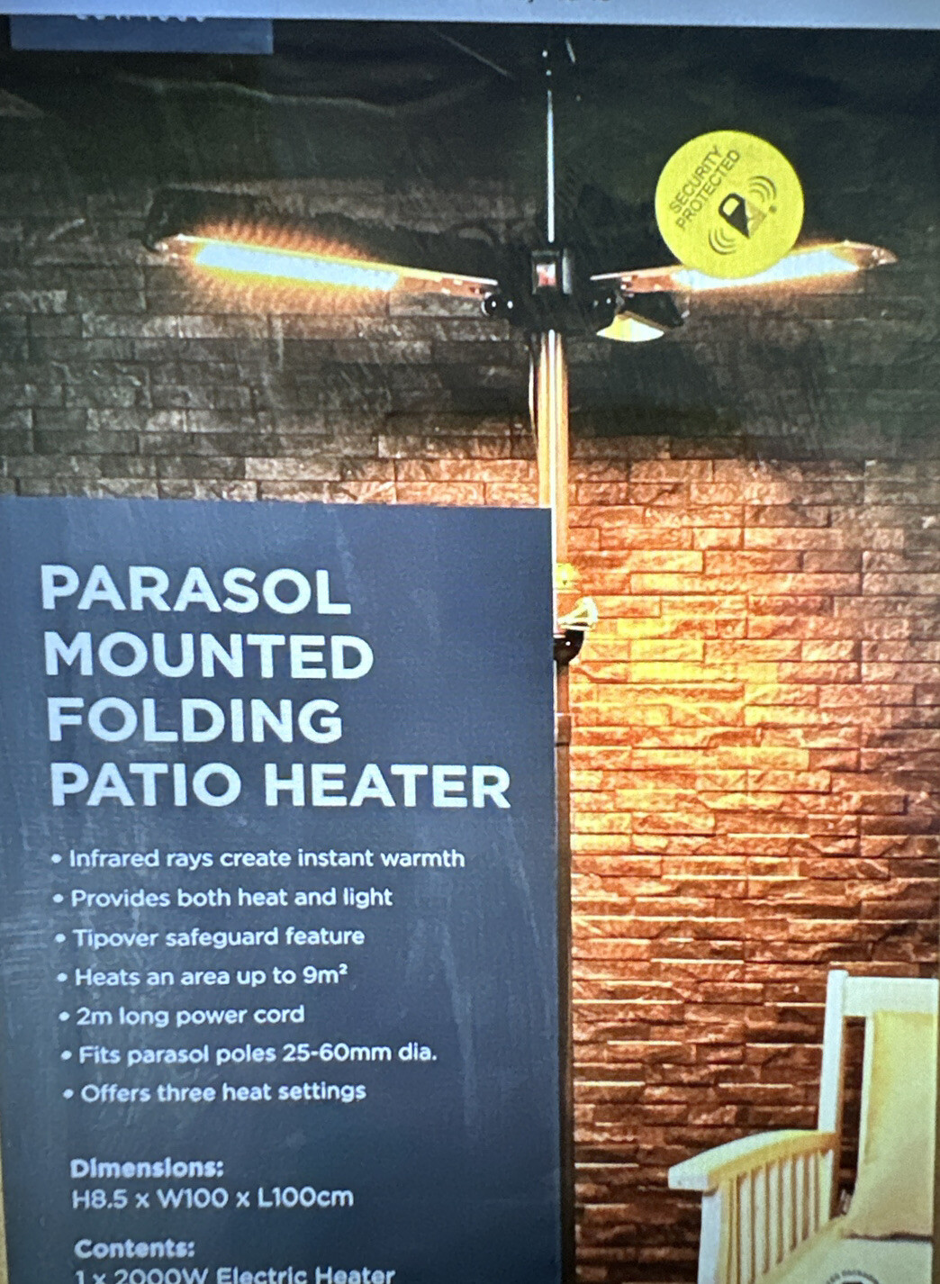 Charles Bentley 2000W Parasol Mounted Electric Patio Heater Black