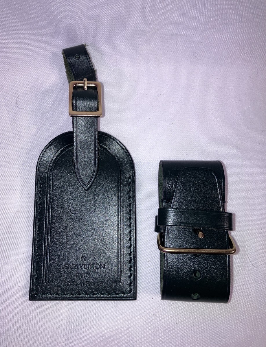 Authentic Louis Vuitton 2 piece Dark Green Leather Luggage Tag