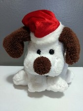 Dan Dee Plush Christmas White Dog Puppy Brown Ears 7" Sitting Red Santa Hat