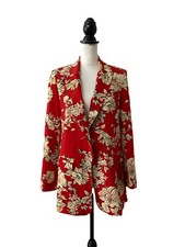 Zara Floral Longline Blazer Red Cream Boho Festival Summer Jacket Women XS