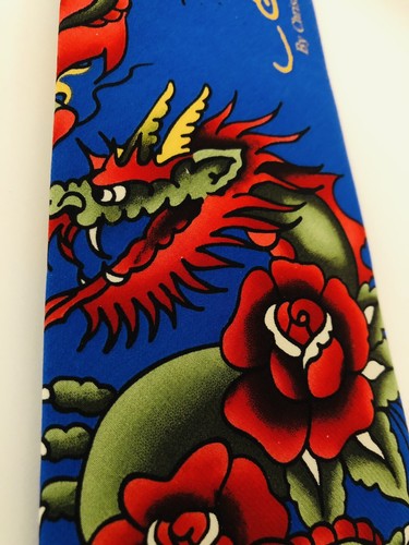 Vintage Seidenkrawatte, Ed Hardy, Christian Audigier, roter Drache & Rosen, neu ohne Etikett - Bild 7 von 7