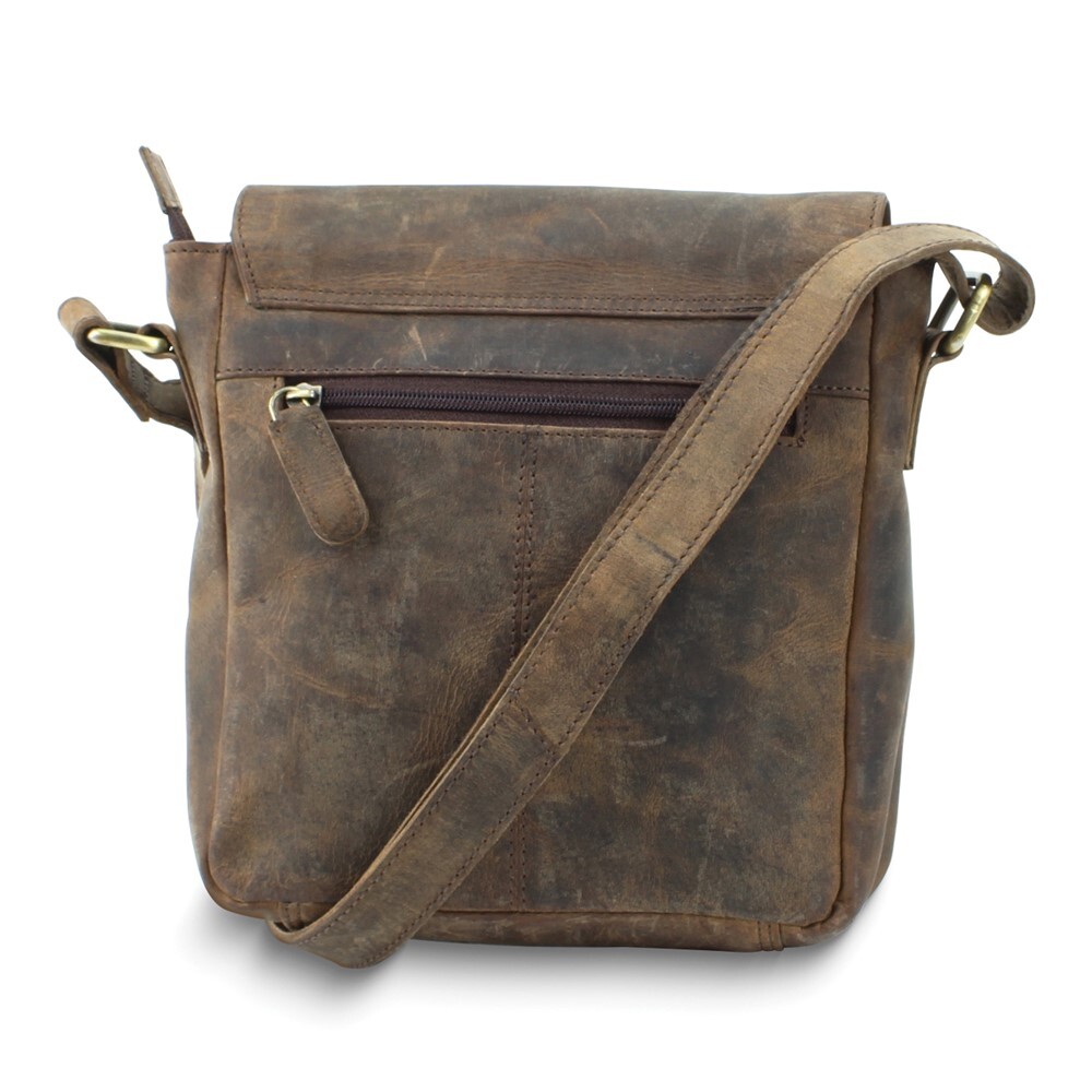 Distressed Brown Leather Magnetic Buckle Flap Over Zip-Top
