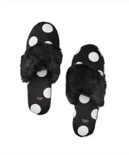 Victoria's Secret Black Dot Logo Size LARGE Faux Fur Trim Satin Slipper VS