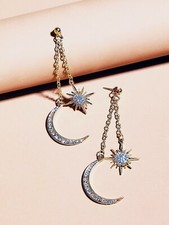 Elegant Sparkling Moon and Sun Gold Crystal Rhinestone Dangle Earrings  BE2 