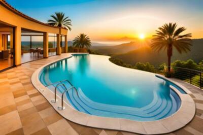 Swimmingpool in einer Luxusvilla auf dem Berg bei Sonnenuntergang. (205288291)