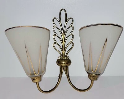 Grande Applique Double 1950 En Bronze Laiton Doré À Décor D'une Feuille Vintage - Photo 1/4