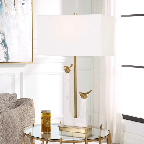 Contemporary Retro Two Bird Branch Table Lamp Marble Gold White 30 in x 17 Perch - Picture 2 of 7
