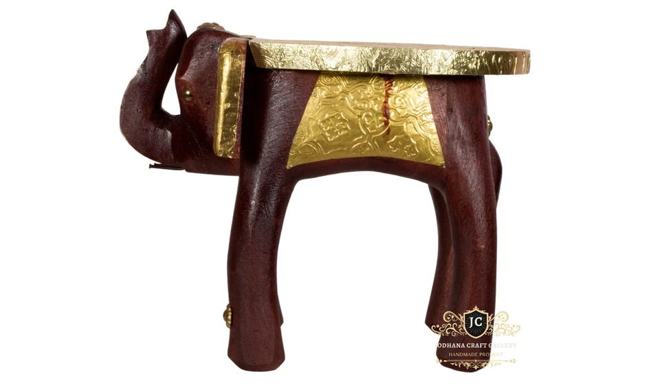 Handmade Wooden Elephant Stool with Brass Fittings -Indian Art Decor Collectible - Image 4 of 4