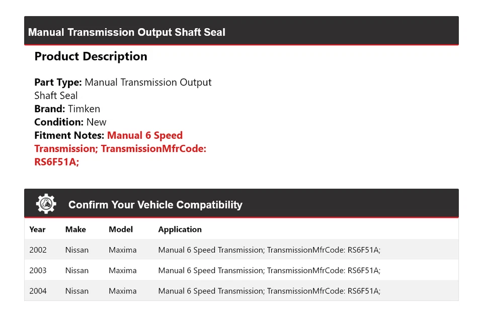 Sello de eje de salida de transmisión manual para Nissan Máxima 2002-2004 Timken 2003 Foto 2 de 4