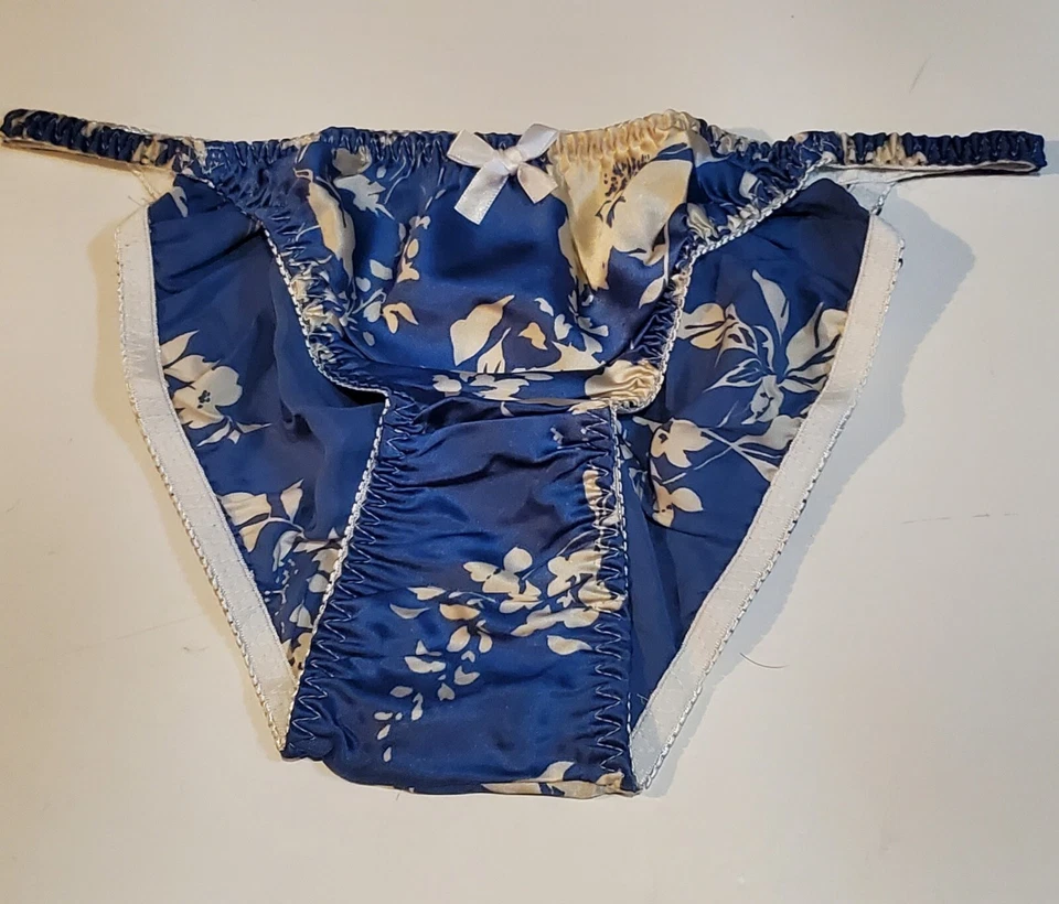 Жидкие атласные двойные шелковые трусики-бикини с цветочным принтом 7/л кремовая слоновая кость лазурь - Изображение 4 из 4
