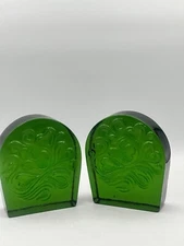 Vintage Blenko 1969 Bookend Set Mint Cond Green Glass Swirl & Heart Design Heavy