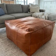 New Handmade Moroccan Boho Ottoman Brown Leather Unstuffed Square Pouffe