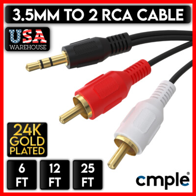 2-Pack 3.5mm To RCA Audio Cables - 6ft Mono Male To RCA Male Adapter Cords