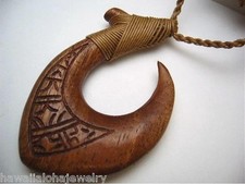 38mm Hawaiian Hand Carved Genuine Makau Koa Wood Tribal Fish Hook Necklace 6