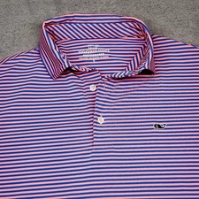 Vineyard Vines Mens Performance Polo Golf Shirt Whale Logo Blue Pink Stripe Sz S
