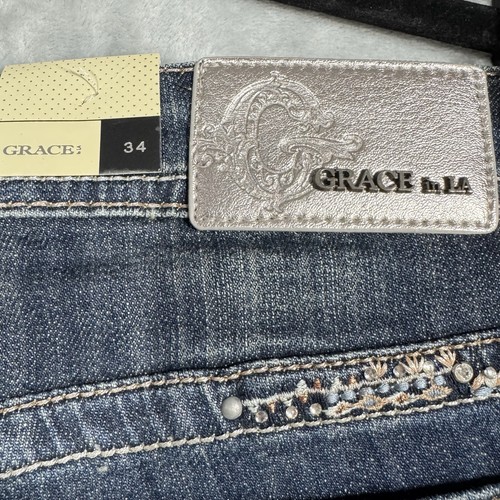 Grace in LA Womens Bootcut Jeans Mid Rise Easy Fit Distressed Embellished 34x30 - Picture 16 of 21