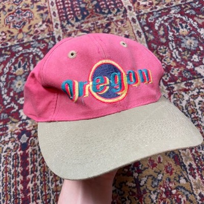 VTG 90s Oregon Embroidered Baseball Cap Pink Khaki Snapback Two Tone Hard Rock