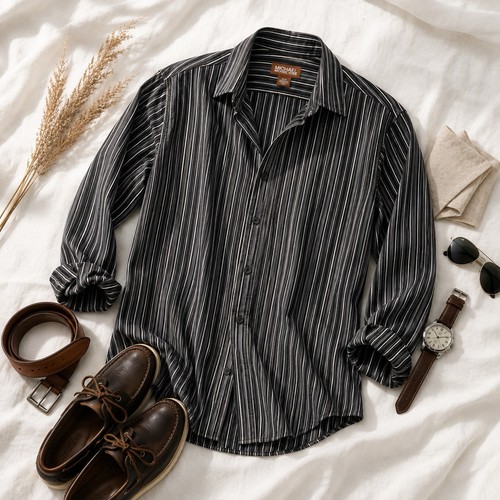 Michael Kors, Vintage 90s Michael Kors Men's XL Black White Striped Button Down Hong Kong