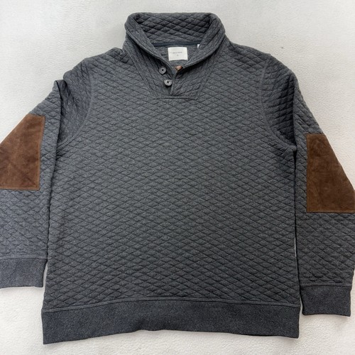 Billy Reid Sweater XL Crewneck Leather Elbow Patches Made in Peru Charcoal