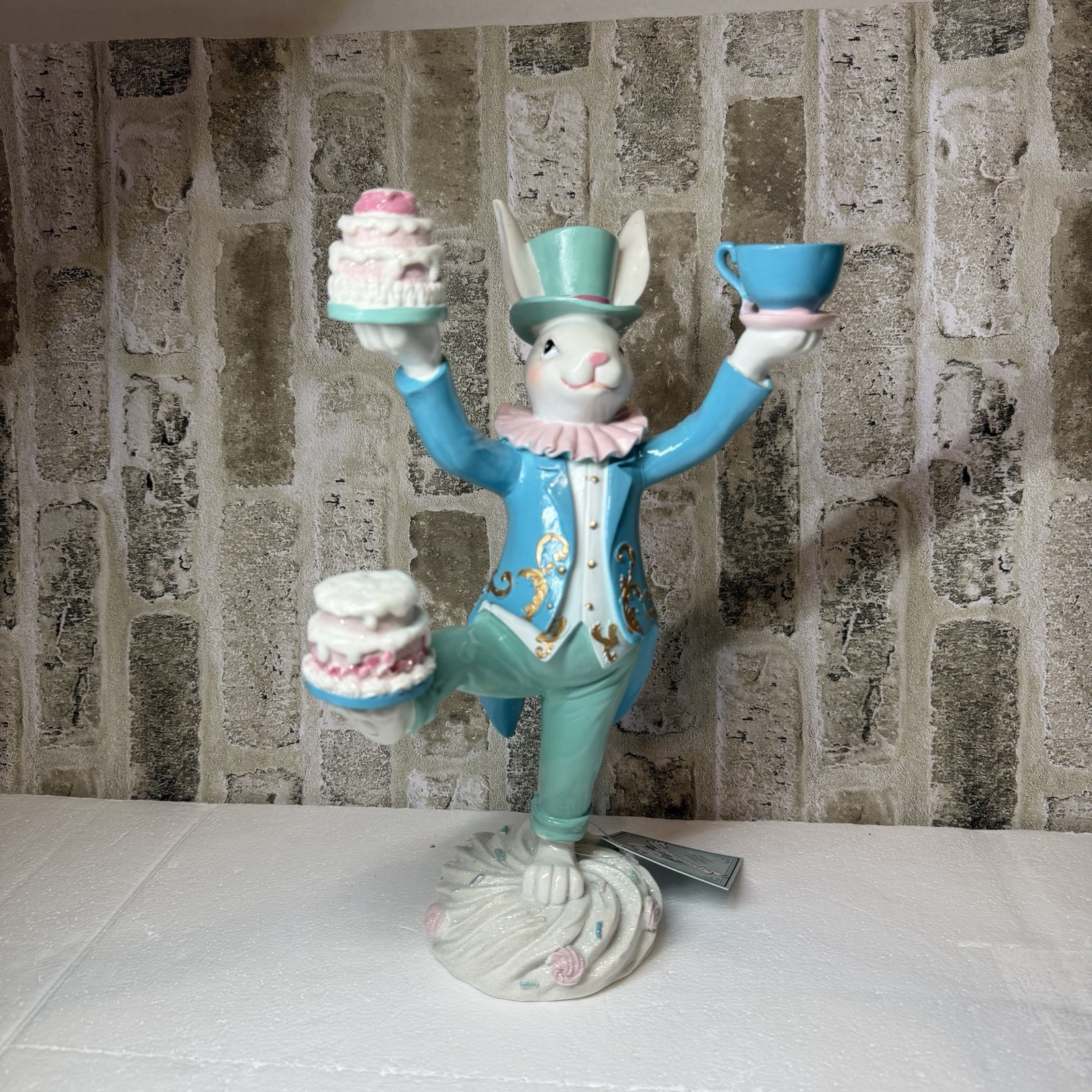 NWT! 12.5” TOPHAT & TAIL EASTER BUNNY Mad Hatter Balancing Teacup And Cakes thumbnail 2