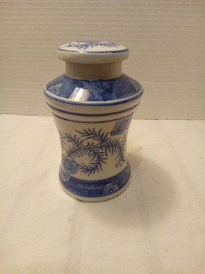 Vintage Ginger Tea Jar Lidded Blue & White Porcelain Floral Kangxi Style 1960 s