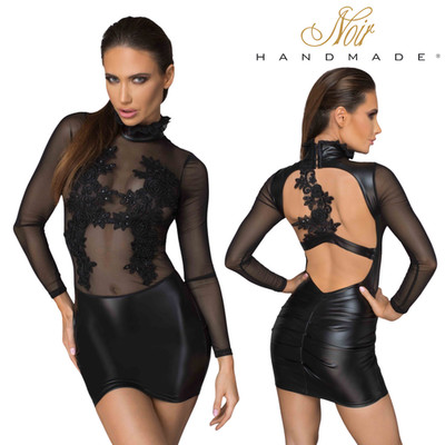 Noir Handmade F142 Black Powerwetlook Tulle Mini Dress Handcrafted Appliques