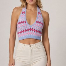 Y2K Preppy Argyle Knit Sweater Vest Size S Blue Pink Pastel Halter Crop Top