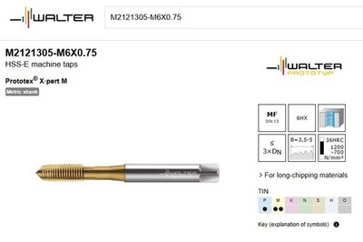 WALTER HSS-E machine taps M2121305-M6X0.75 Prototex  X·pert M NEW 1 pcs.
