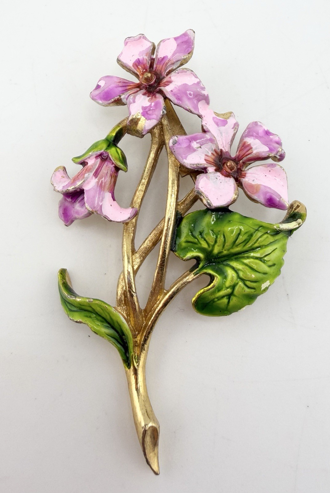 Vintage Enamel Gold Tone Floral Bouquet Flower Brooch Pin Pink Purple Green