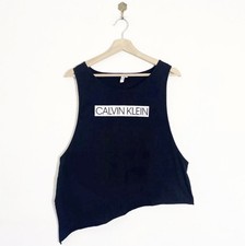 Calvin Klein Black Muscle Tank Crop Top Oversized Cut Off Handkerchief Hem UK 10