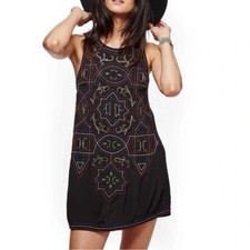 Free People Beaded Black Mandala Sleeveless Sheath Dress Lace Up Back Womens 2