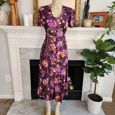 Vintage 80s Purple Floral Shirtdress Midi Lace Up Whimsigoth Cottagecore Size 8