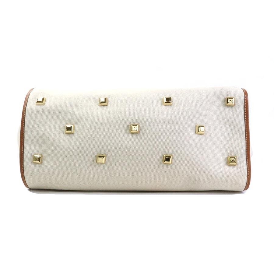 Salvatore Ferragamo Gancini Canvas Leather Handbag Ivory Brown Auth image 4