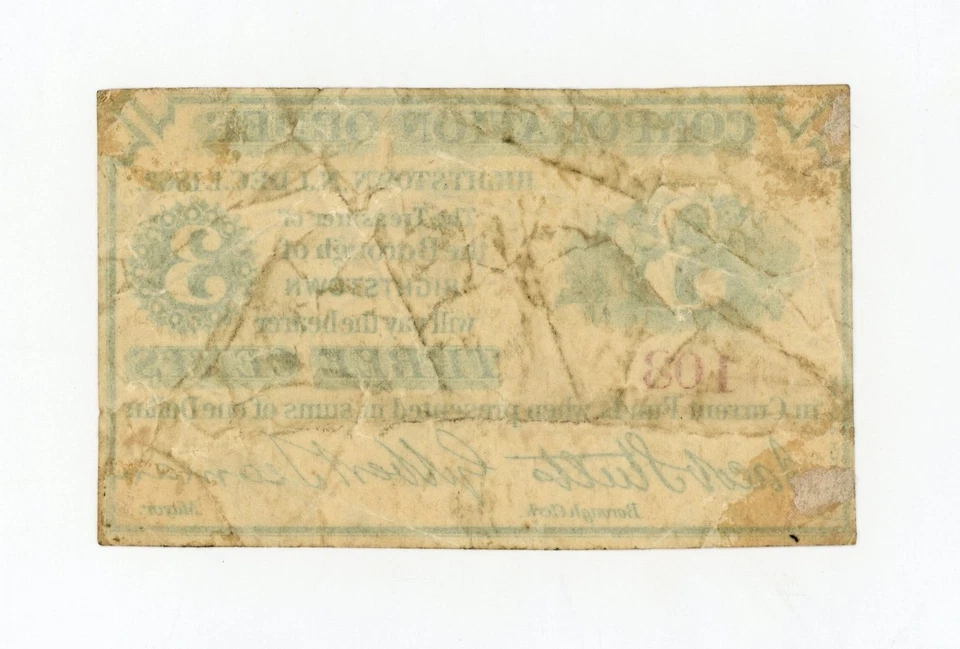 1862 3c The Borough of Hightstown - Hightstown, NEW JERSEY Note  - Image 2 of 2