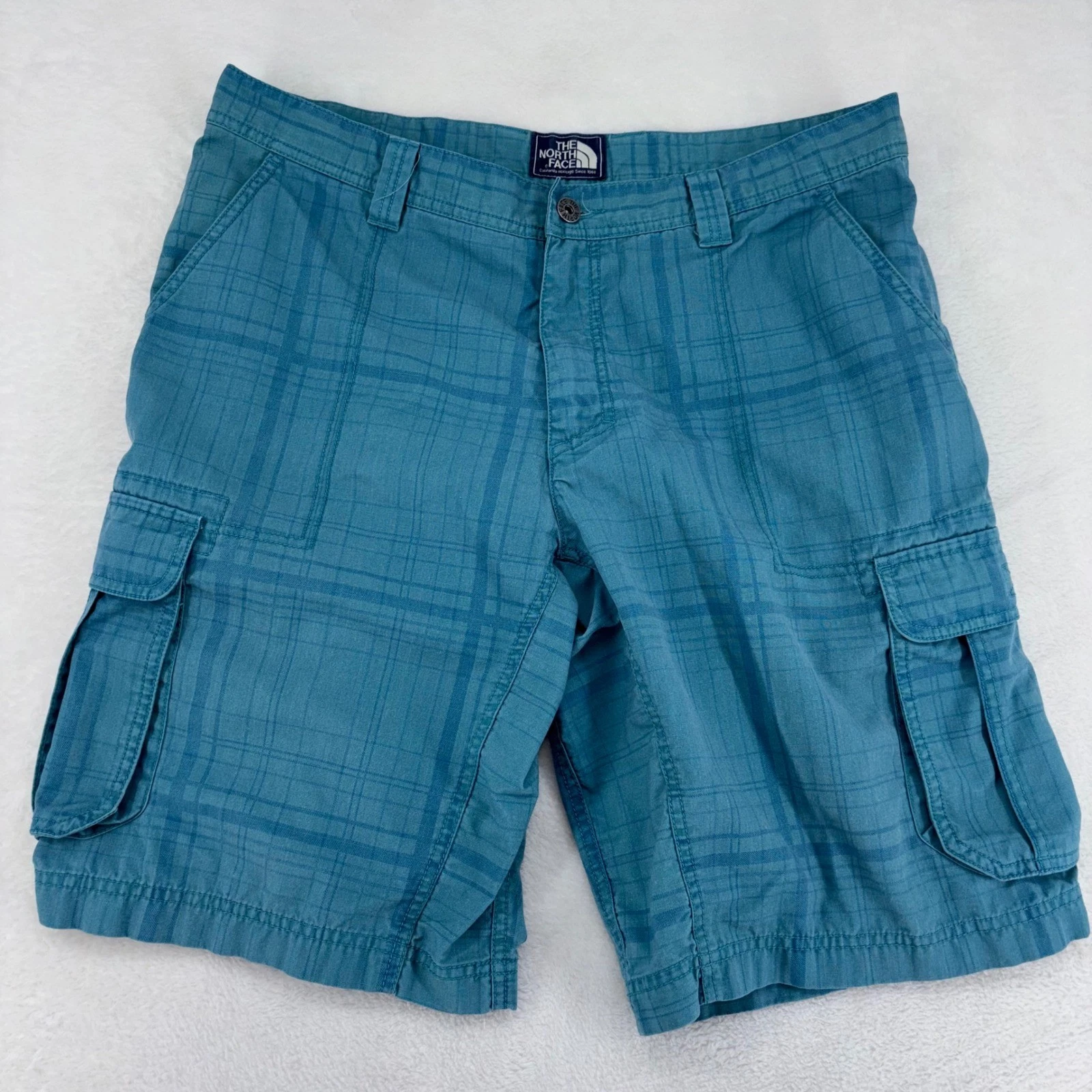 The North Face Mens Blue Plaid Cargo Shorts Size 36 Hiking Outdoor Utility