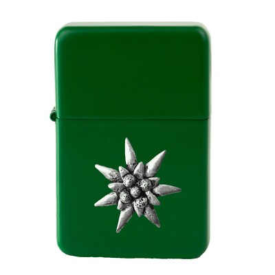 #ad C21 Small Edelweiss Pewter design on a GREEN flip top petrol lighter windproof GBP 14.95