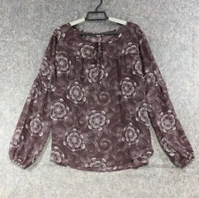 Loft Top Womens Small Brown-ish Purple White Floral Pullover Tie Keyhole Neck