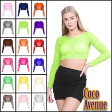 Ladies Sheer Mesh Crop Top Long Sleeve See Through Blouse Club Party T-Shirt Top