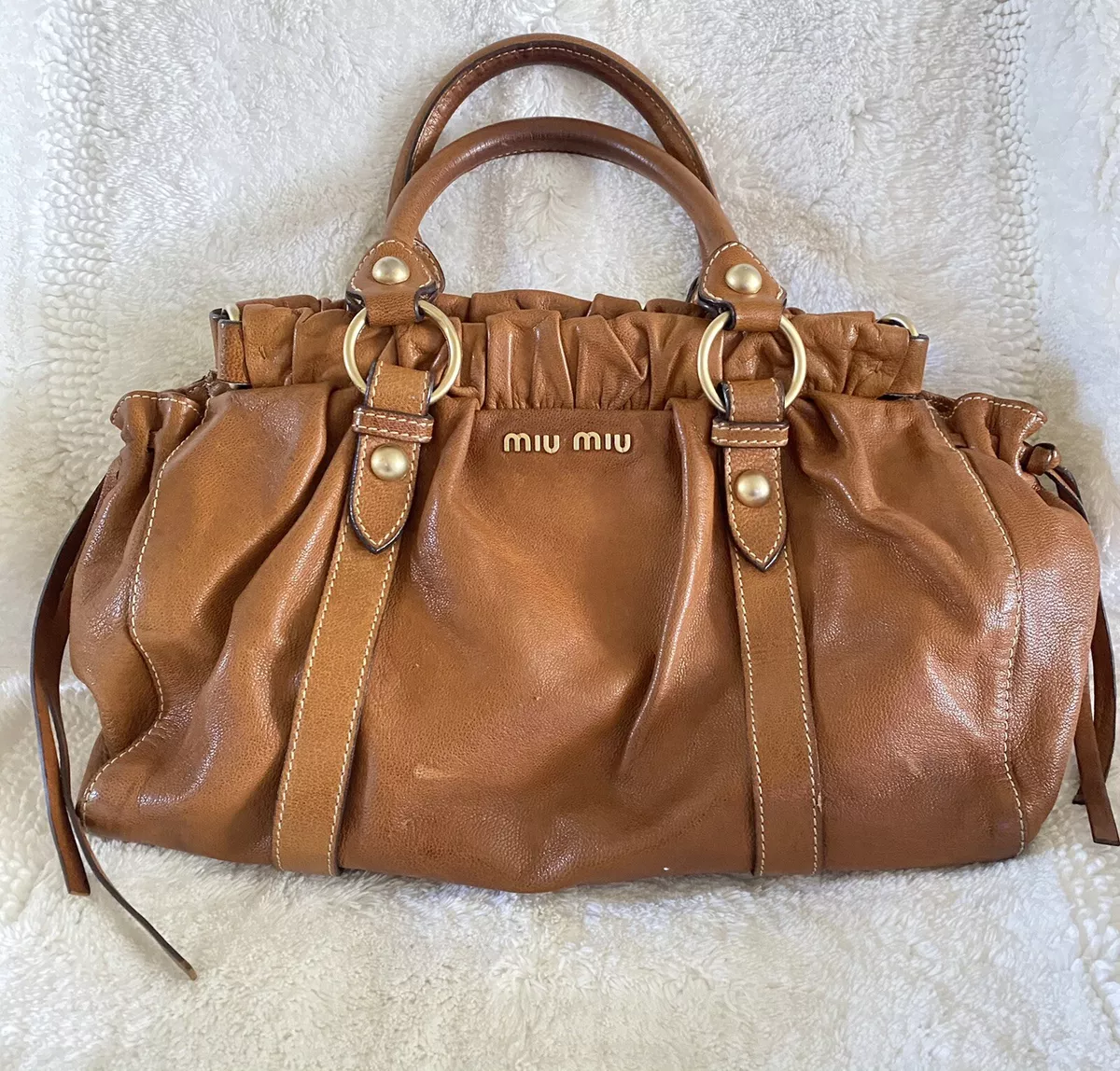 Brown Miu Miu Vitello Lux Bow Satchel Handbag