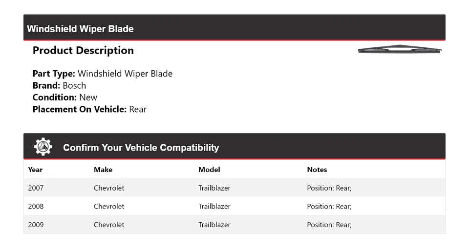 Limpiaparabrisas trasero 2008 para Chevrolet Trailblazer Bosch 2007-2009 Foto 2 de 3