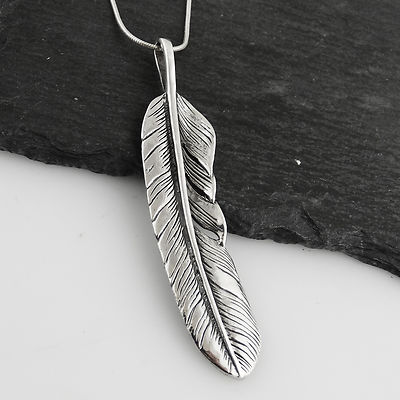 Große detaillierte Feder Halskette - 925 Sterling Silber mit 18'' Schlangenkette