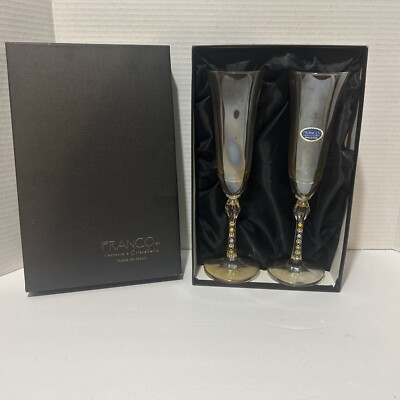 2 Franco Vetrerie Cristallerie Italian Rhinestone Wedding Champagne Flutes 
