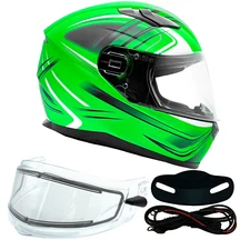 Green Full Face Snowmobile Helmet Dual Lens Heated shield Retractable Sun Visor