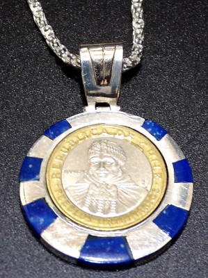 STERLING 950 SILBER & Lapis Republik Chile 100 Pesos ANHÄNGER Kette HALSKETTE