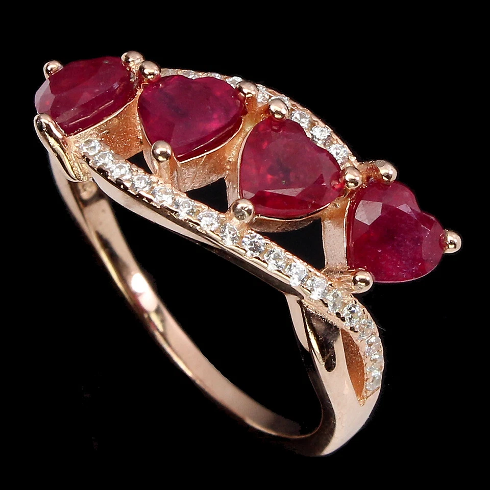 925 Argento Sterling Cuore Rubino 5mm Finto Cz 14K Rosa Placcato Oro Anello - Immagine 2 di 4