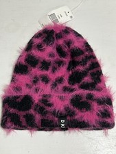 DKNY Fuzzy Beanie Women  s Hat Knit Cap NWT Pink And Black Animal Print Leopard
