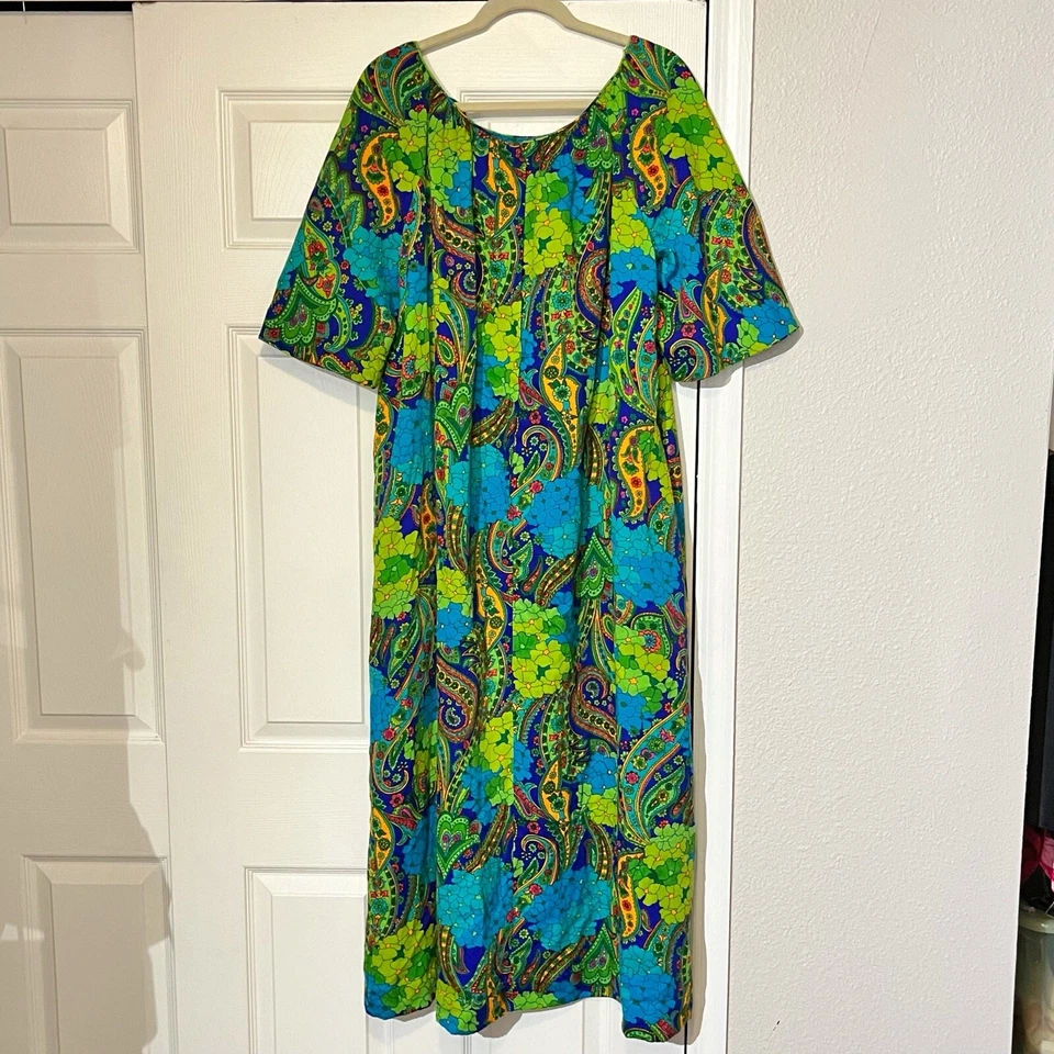 Vintage Royal Hawaiian Dress 1950s Floral Luau Honolulu Hostess Barkcloth Maxi - Image 2 of 4